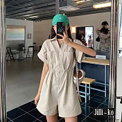 【Jilli~ko】韓版休閒工裝抽繩收腰鹽系闊腿連體短褲 J10675  FREE 杏色