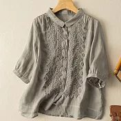 【ACheter】 七分袖刺繡棉麻襯衫藝復古設計感棉麻短版上衣# 117589 XL 灰色