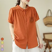 【ACheter】 復古棉麻襯衫純色短袖翻領文藝透氣寬鬆短版上衣# 117591 M 橘色