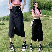 【MsMore】 雙口袋開叉彈力牛仔半身裙高腰長款寬鬆設計A字長裙# 117611 M 黑色
