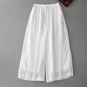【ACheter】 原創文藝簡約七分褲寬鬆休閒純色百搭雙層輕薄麻料闊腿褲# 117612 M 白色