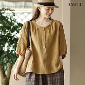 【AMIEE】清爽抓皺感泡泡五分袖襯衫上衣(3色/M-2XL/KDTY-3655) XL 芥末黃