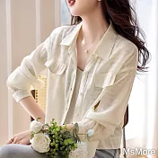 【MsMore】 輕薄外套長袖襯衫時尚百搭氣質簡約純色印花短版上衣# 117430 M 米杏色