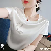 【MsMore】 緞面短袖t恤圓領絲光涼感短版上衣# 117473 XL 米白色