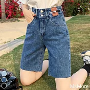 【MsMore】 高腰五分牛仔短褲寬鬆顯瘦復古設計感直筒中褲# 117491 M 牛仔藍色