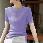 【MsMore】 高雅氣質時髦針織顯瘦收腰圓領短袖短版上衣# 117709 FREE 紫色