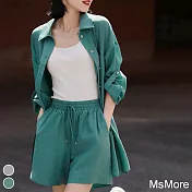 【MsMore】 韓風絲質防曬長袖可攀五分短袖襯衫外罩鬆緊高腰短褲2件式套裝# 117794 M 綠色