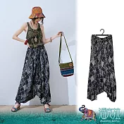 潘克拉 | 不規則傳統圖紋鬆緊腰中性款縲縈飛鼠褲 TM1500-7  FREE 黑色