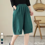 【ACheter】 棉麻韓版寬鬆顯瘦鬆緊純色高腰燈籠褲五分長褲# 117769 M 墨綠色