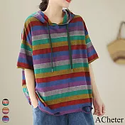 【ACheter】 短袖T恤復古做舊條紋短袖破洞寬鬆連帽中長版上衣# 117802 M 紫藍色