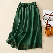 【ACheter】 寬鬆薄款刺繡簡約中長版百搭高腰鬆緊系帶半身長裙# 117819 L 綠色
