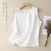 【ACheter】 純棉麻上衣寬鬆顯瘦休閒百搭無袖圓領背心短版上衣# 117837 L 白色