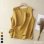 【ACheter】 純棉麻上衣寬鬆顯瘦休閒百搭無袖圓領背心短版上衣# 117837 2XL 黃色