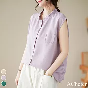 【ACheter】 復古甜美木耳領襯衫氣質無袖棉麻背心中長上衣純色# 117838 2XL 紫色