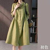 【初色】日系棉麻風中大碼寬鬆襯衫領短袖連身裙中長裙洋裝-共11款任選-67993(M-2XL可選) M J.綠色