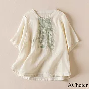 【ACheter】 短袖刺繡藘麻上衣文藝復古寬鬆高級感棉麻短版上衣# 117603 M 白色