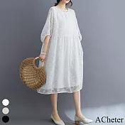 【ACheter】 文藝大碼圓領寬鬆簡約剪花七分袖連身裙中長版洋裝# 117920 M 白色