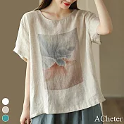 【ACheter】 復古麻感印花上衣寬鬆圓領短袖休閒百搭短版上衣# 117955 M 杏色