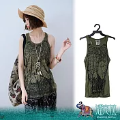 潘克拉 | 泰國神像插畫印花捲皺純棉背心 TM667  FREE 綠色