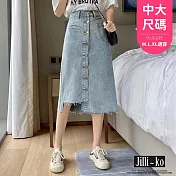 【Jilli~ko】高腰排釦不對稱抽鬚設計感牛仔裙 M-L J10757  L 藍色