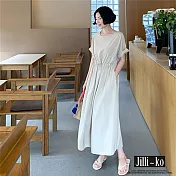 【Jilli~ko】韓國風chic簡約腰鬆緊寬鬆長款連衣裙 J10573 FREE 杏色