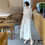 【Jilli~ko】韓國風chic簡約腰鬆緊寬鬆長款連衣裙 J10573  FREE 杏色