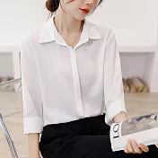 【MsMore】 緞面襯衫新款時尚洋氣職業氣質百搭短版寬鬆上衣# 117759 M 白色