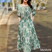 【MsMore】 民族風情古典韻味綠印花圓領短袖鬆緊腰棉質連身裙中長版洋裝# 117801 M 綠色