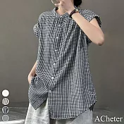 【ACheter】 文藝立領通勤棉無袖襯衫寬鬆舒適休閒百塔中長上衣# 117824 M 格子色
