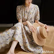 【MsMore】 春夏法式絲棉金盞花印花短袖V領連身裙氣質顯瘦茶歇中長版洋裝# 117791 XL 杏色