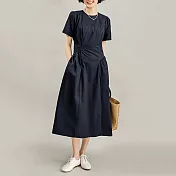 【MsMore】 法式通勤棉質褶皺氣質連身裙短袖圓領長版洋裝# 118123 L 深藍色