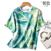 【初色】夏季塗鴉印花圓領寬鬆大碼短袖T恤上衣-綠色-68583(M-2XL可選) 2XL 綠色
