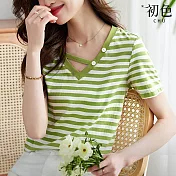 【初色】時尚鏤空V領條紋短袖拼接T恤上衣-綠色-68592(M-2XL可選) M 綠色