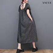 【AMIEE】優雅挖洞造型泡泡袖牛仔洋裝(3色/M-2XL/KDDY-8388) M 黑灰色