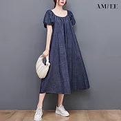 【AMIEE】優雅挖洞造型泡泡袖牛仔洋裝(3色/M-2XL/KDDY-8388) M 深藍色