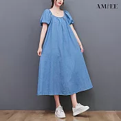 【AMIEE】優雅挖洞造型泡泡袖牛仔洋裝(3色/M-2XL/KDDY-8388) M 淺藍色