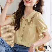 【初色】夏季蕾絲拼接泡泡袖短袖襯衫上衣-黃色-68506(M-2XL可選) 2XL 黃色