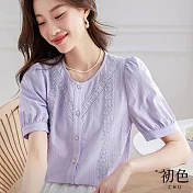 【初色】短袖圓領泡泡袖素色拼接顯瘦襯衫上衣-共2色-68507(M-2XL可選) 2XL 紫色