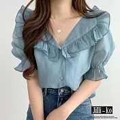 【Jilli~ko】荷葉邊V領氣質甜美泡泡袖雪紡襯衫 J10780  FREE 藍色