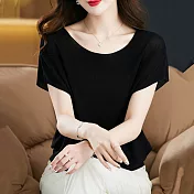 【MsMore】 新款短袖蝙蝠衫冰絲一字肩領寬鬆針織短版上衣# 118135 FREE 黑色