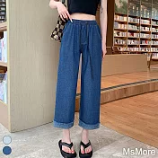 【MsMore】 大碼牛仔泫雅同款高腰休閒直筒褲翻邊寬鬆闊腿牛仔褲九分褲# 118226 XL 深藍色