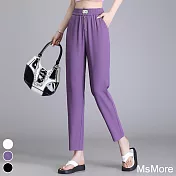 【MsMore】 冰絲褲高腰顯瘦哈倫褲小個子休閒純色蘿蔔九分長褲# 118252 2XL 紫色