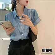 【Jilli~ko】Polo領中長款寬鬆氣質口袋牛仔襯衫 J10836  FREE 藍色