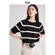 ltyp旅途原品 真絲亞麻棉時髦百搭條紋針織T恤 M L-XL  M 杏黑條紋