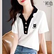 【初色】學院風貓咪刺繡拼色翻領短袖排扣T恤上衣-白色-68487(M-XL可選) XL 白色