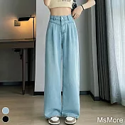 【MsMore】 薄款牛仔褲涼感網紅寬鬆顯瘦高腰闊腿直筒長褲# 118222 M 藍色