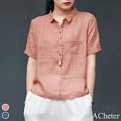 【ACheter】 短袖棉麻寬鬆復古翻領短版純色上衣# 118372 M 橘色