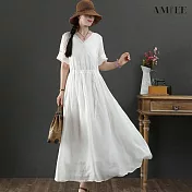 【AMIEE】氣質V領側綁帶顯瘦洋裝(白色/M-2XL/KDDY-8256) XL 白色
