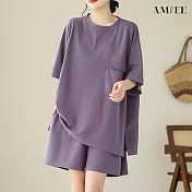 【AMIEE】時尚率性立挺休閒套裝(4色/M-2XL/KDAY-9331) XL 紫色