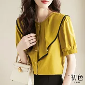 【初色】圓領拼接不對稱撞色荷葉邊泡泡袖短袖襯衫上衣-共2色-68765(M-2XL可選) 2XL 黃色